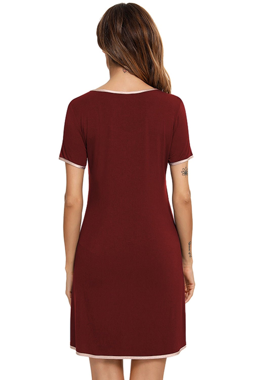 Contrast Trim Pocketed Round Neck Lounge Dress - Admiresty