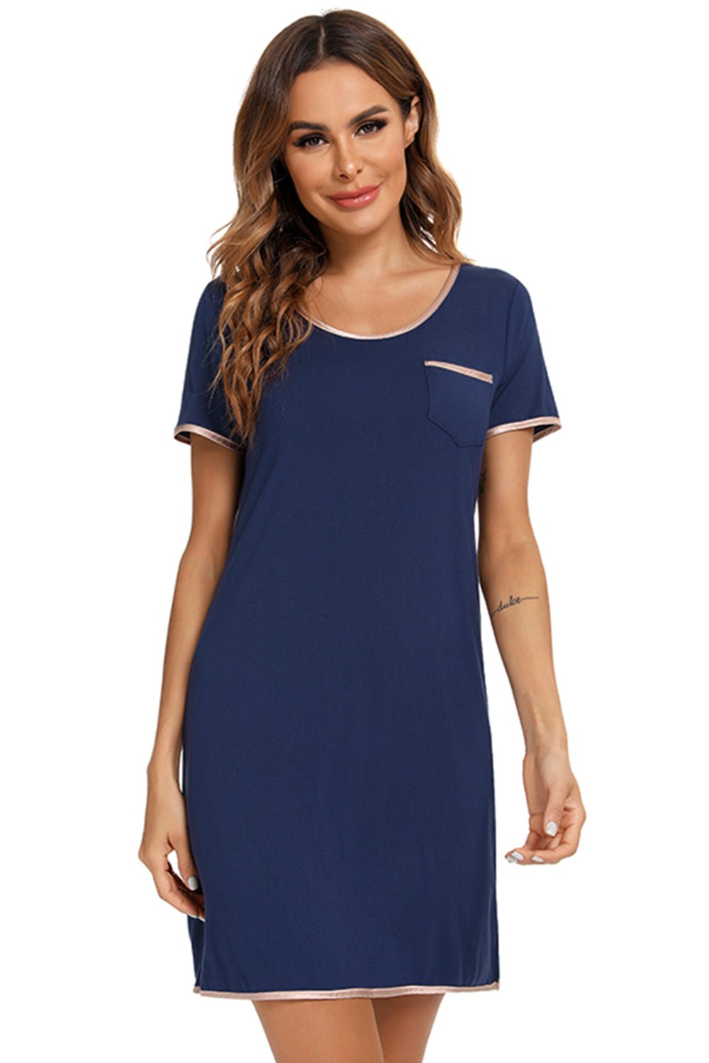 Contrast Trim Pocketed Round Neck Lounge Dress - Admiresty