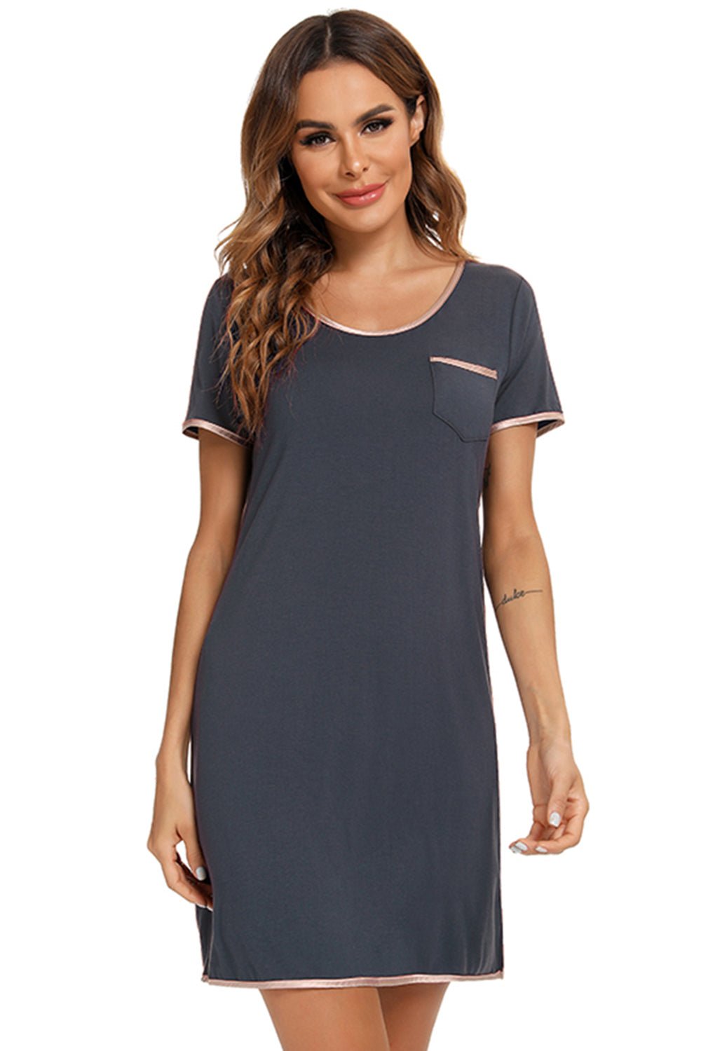 Contrast Trim Pocketed Round Neck Lounge Dress - Admiresty