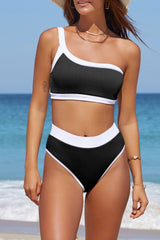 Contrast Trim Ribbed One - Shoulder Bikini Set - Admiresty