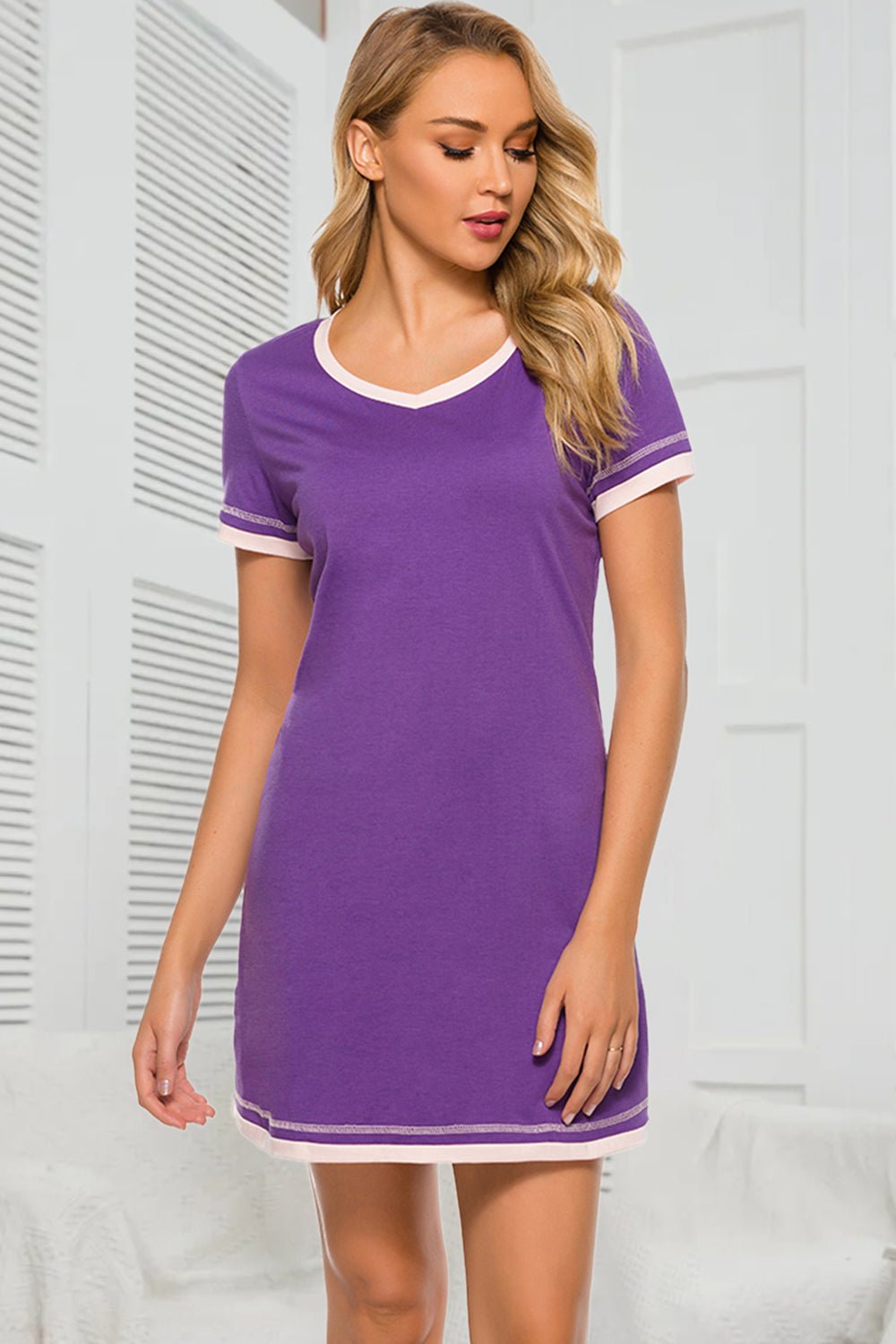 Contrast Trim Short Sleeve Lounge Dress - Admiresty