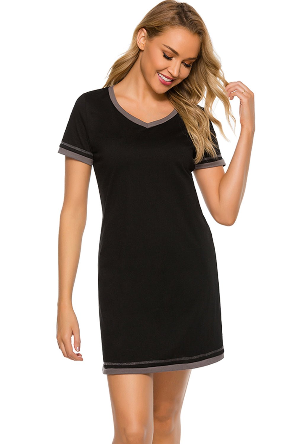 Contrast Trim Short Sleeve Lounge Dress - Admiresty