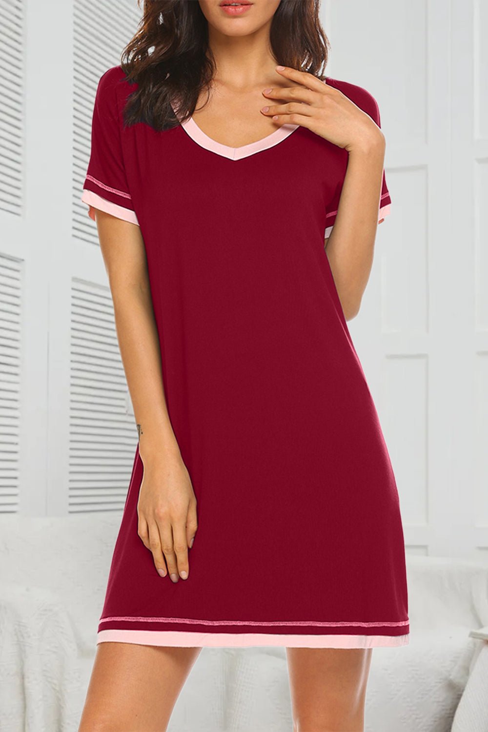 Contrast Trim Short Sleeve Lounge Dress - Admiresty