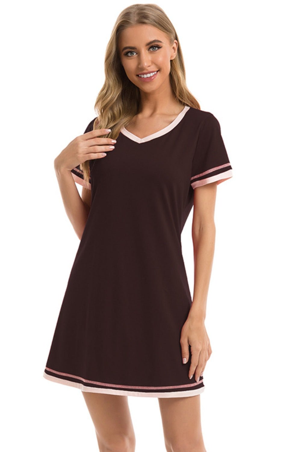 Contrast Trim Short Sleeve Lounge Dress - Admiresty