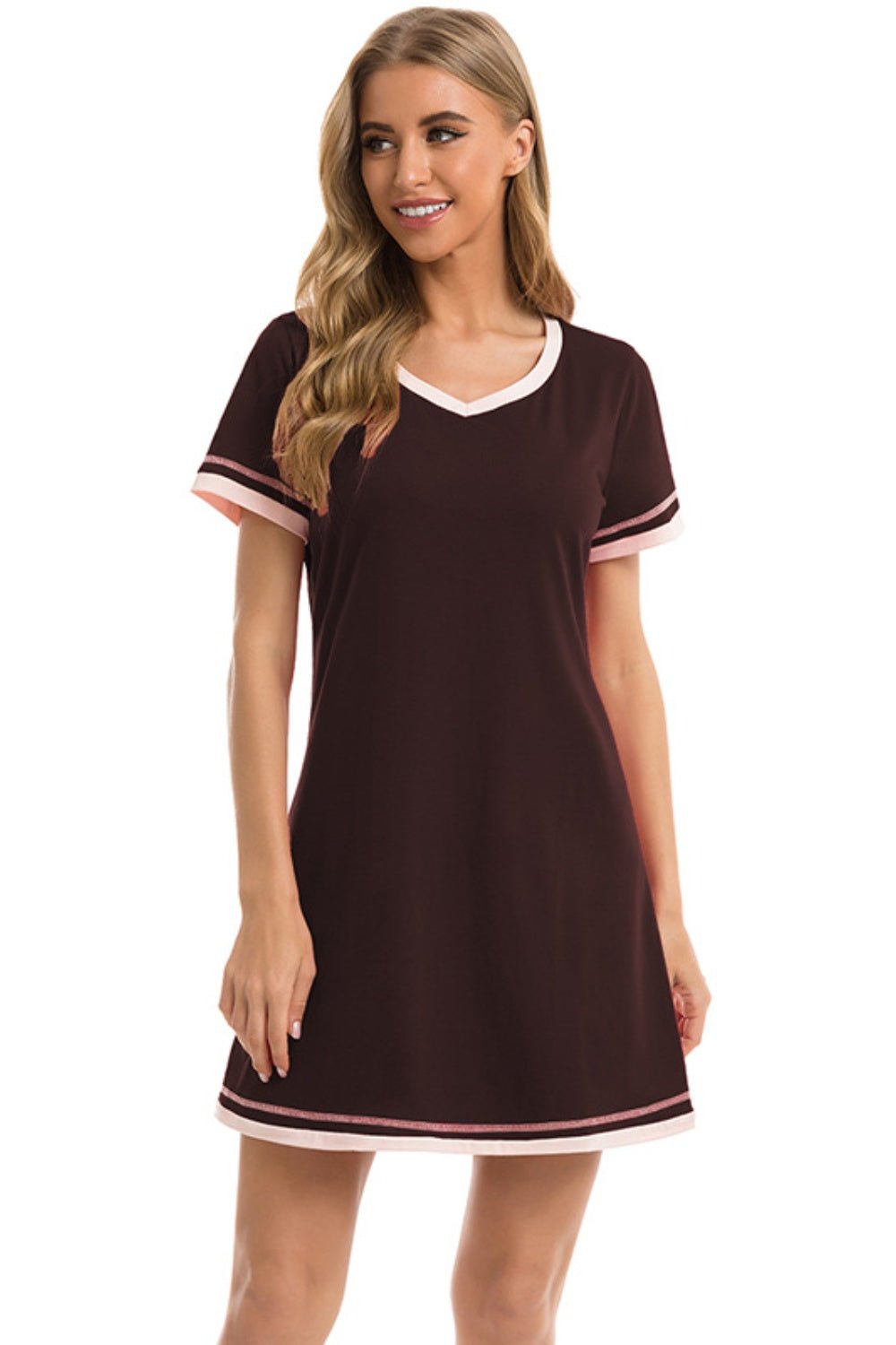 Contrast Trim Short Sleeve Lounge Dress - Admiresty