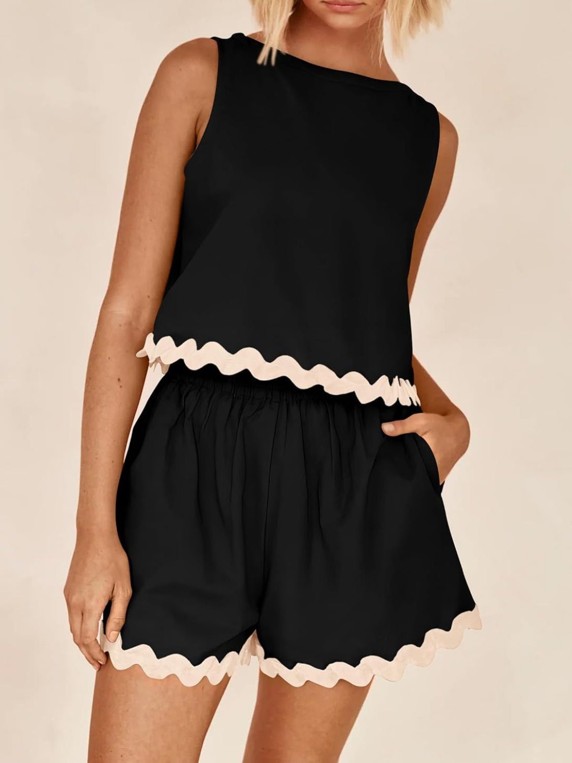 Contrast Trim Sleeveless Top and Shorts Set - Admiresty