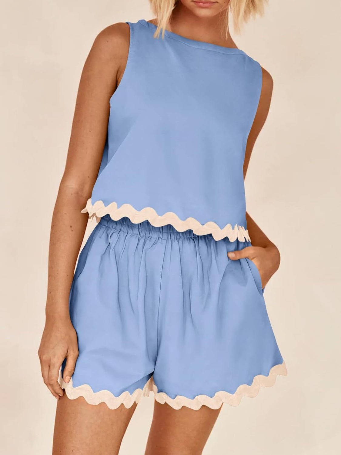 Contrast Trim Sleeveless Top and Shorts Set - Admiresty