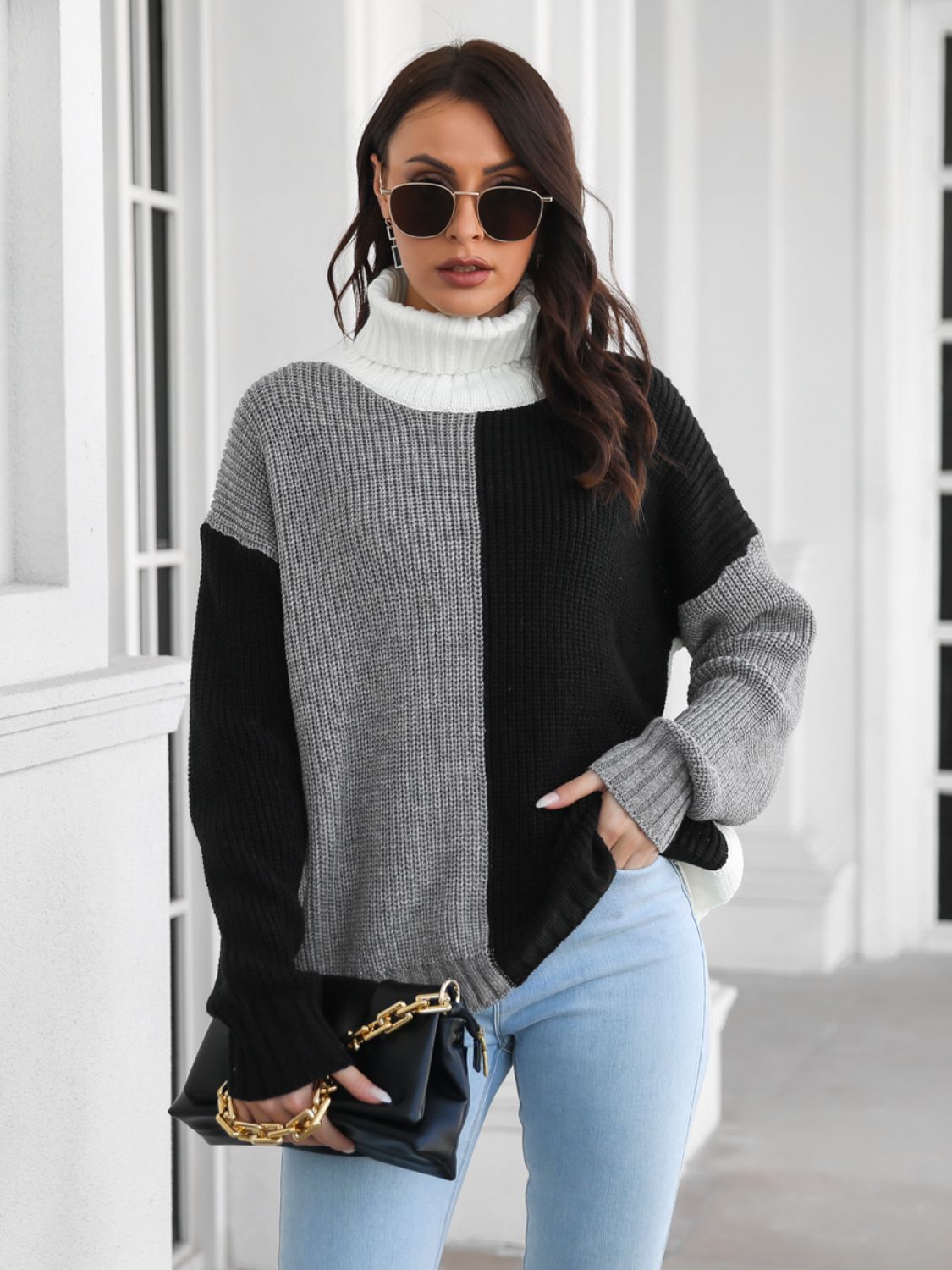 Contrast Turtleneck Long Sleeve Sweater - Admiresty