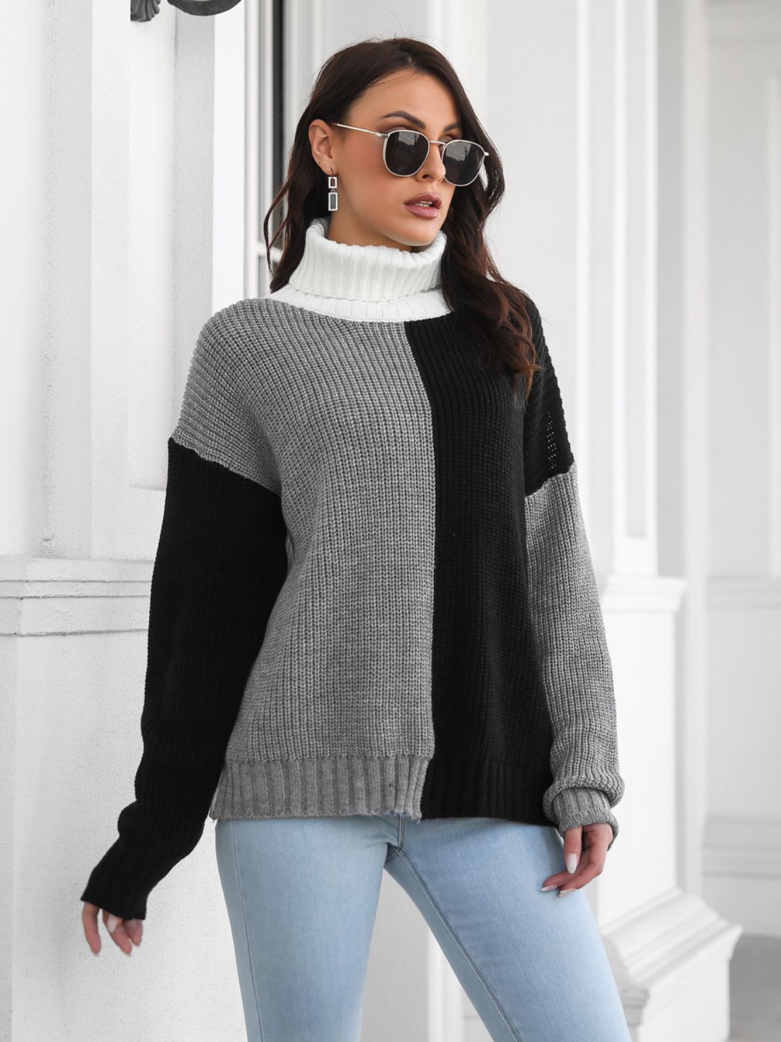 Contrast Turtleneck Long Sleeve Sweater - Admiresty