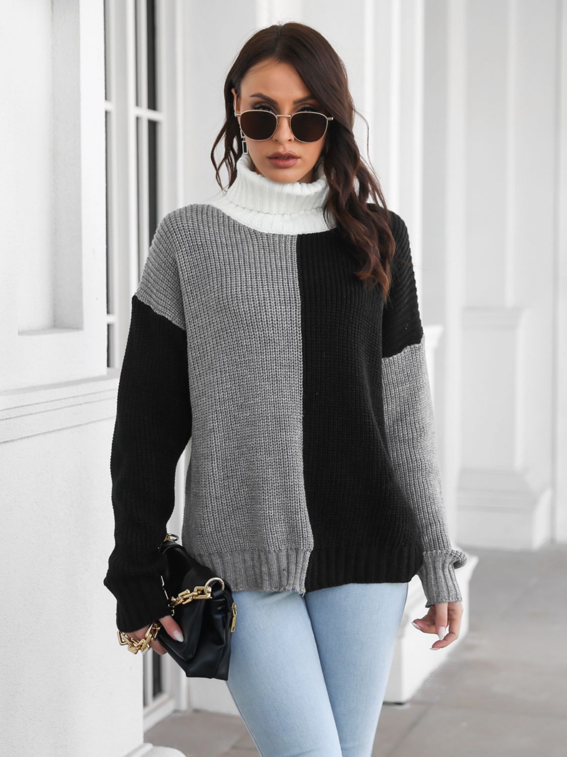 Contrast Turtleneck Long Sleeve Sweater - Admiresty