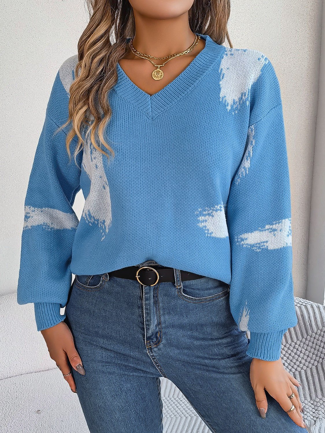 Contrast V - Neck Long Sleeve Sweater - Admiresty