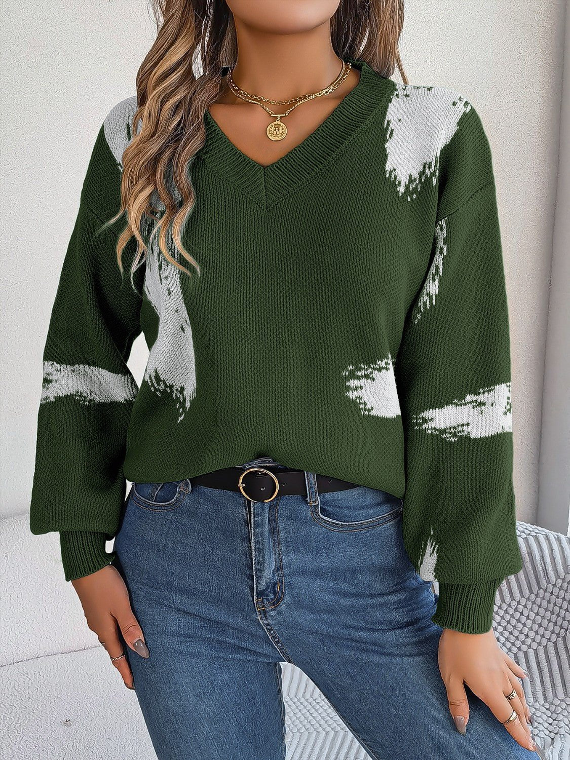 Contrast V - Neck Long Sleeve Sweater - Admiresty