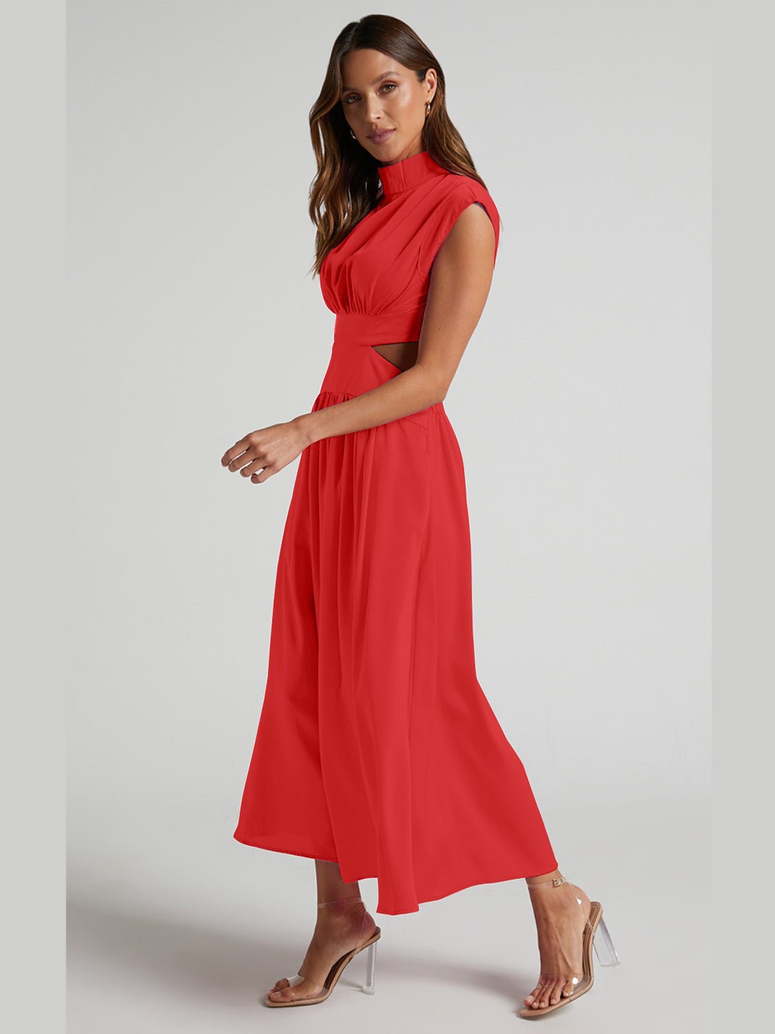 Cutout Mock Neck Sleeveless Ruched Dress - Admiresty