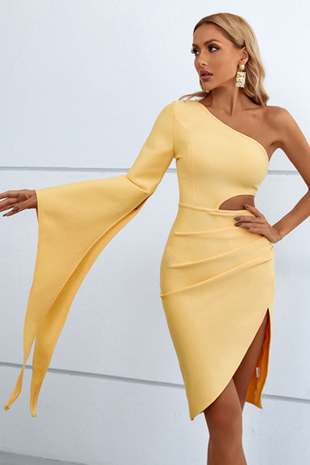 Cutout Split Flare Sleeve One - Shoulder Dress - Admiresty