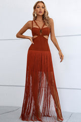 Cutout Strappy Neck Fringe Dress - Admiresty