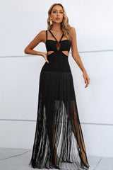 Cutout Strappy Neck Fringe Dress - Admiresty