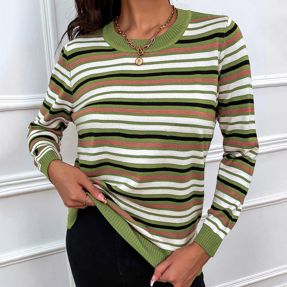 Striped Round Neck Long Sleeve Sweater