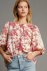 Umgee Floral Pleated Detail Lace Trim Sleeve Blouse