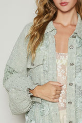 POL Eyelet Flower Pearl Detail Lace Patchwork Shirt