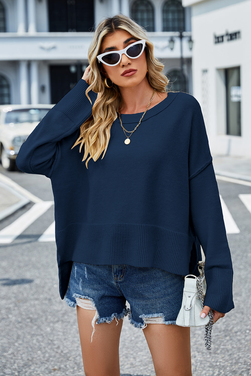 High-Low Slit Round Neck Long Sleeve Sweater