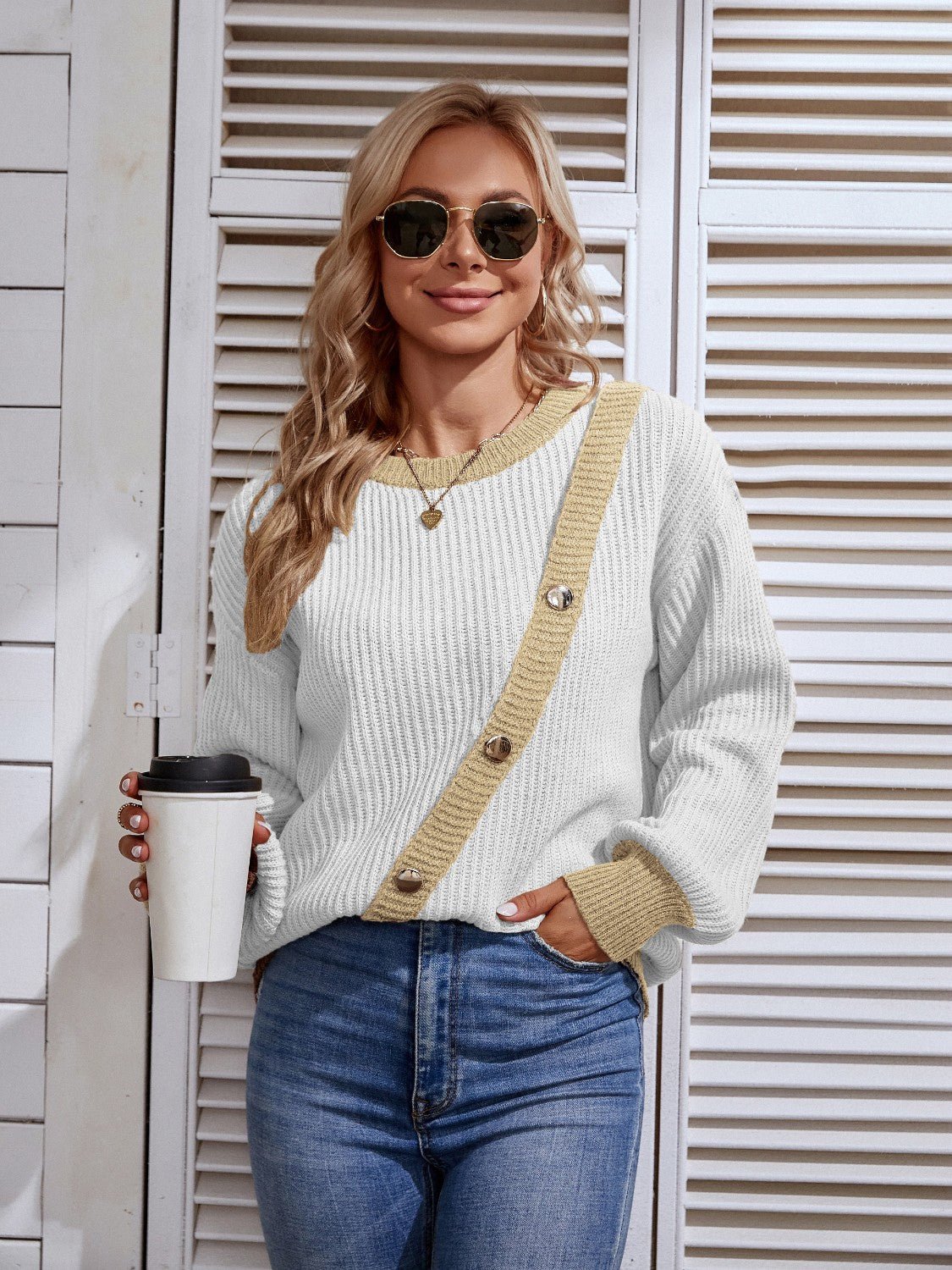 Decorative Button Round Neck Sweater - Admiresty