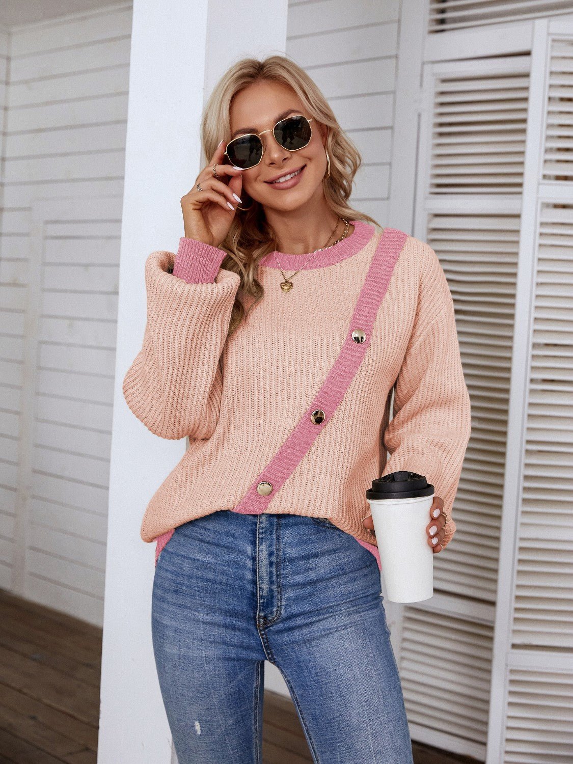 Decorative Button Round Neck Sweater - Admiresty