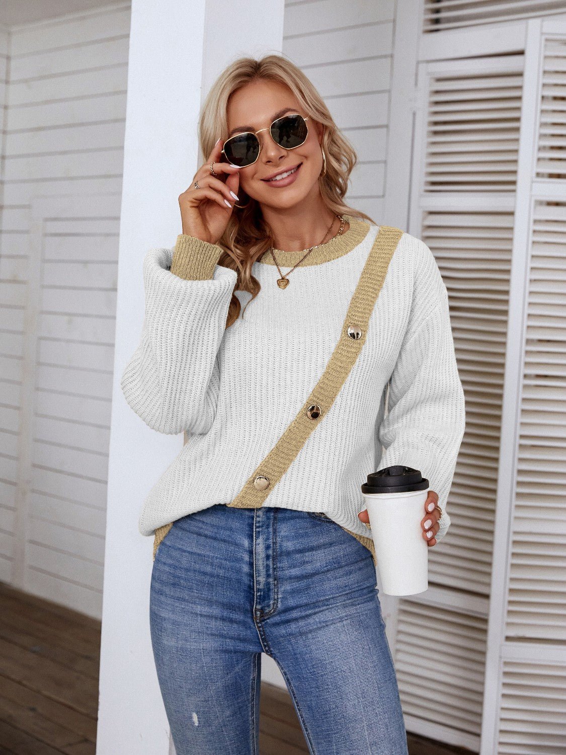 Decorative Button Round Neck Sweater - Admiresty