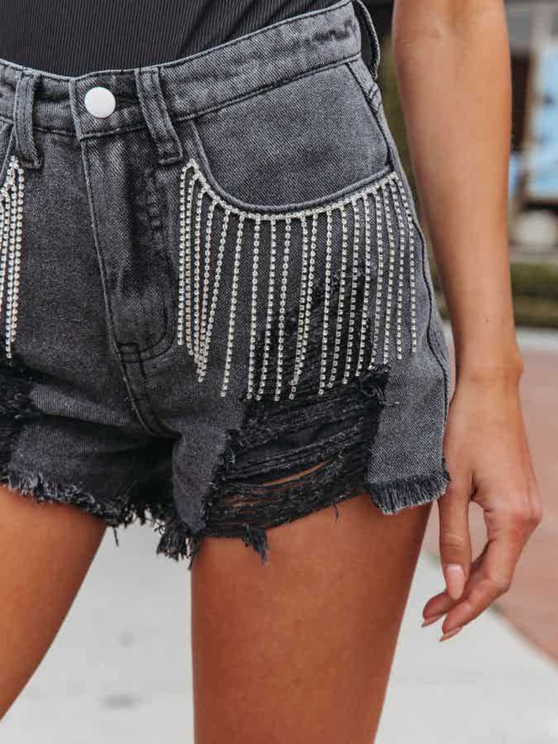 Distressed Fringe Denim Shorts with Pockets - Admiresty