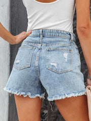 Distressed Fringe Denim Shorts with Pockets - Admiresty