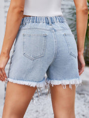 Distressed Pearl Trim Denim Shorts with Pockets - Admiresty