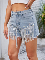 Distressed Pearl Trim Denim Shorts with Pockets - Admiresty