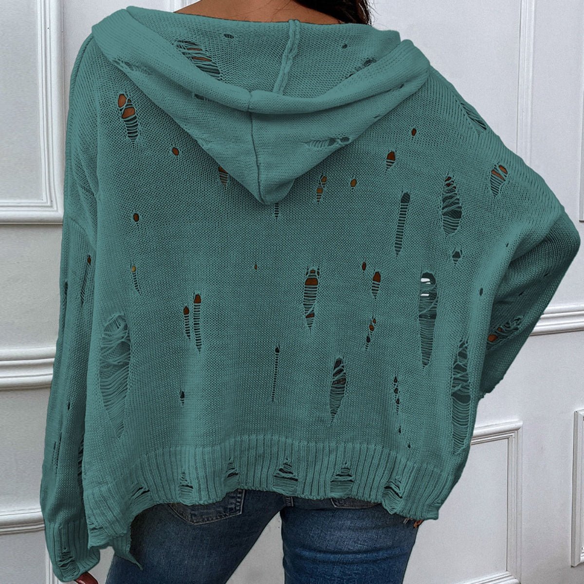 Distressed Slit Drop Shoulder Hooded Sweater - Admiresty