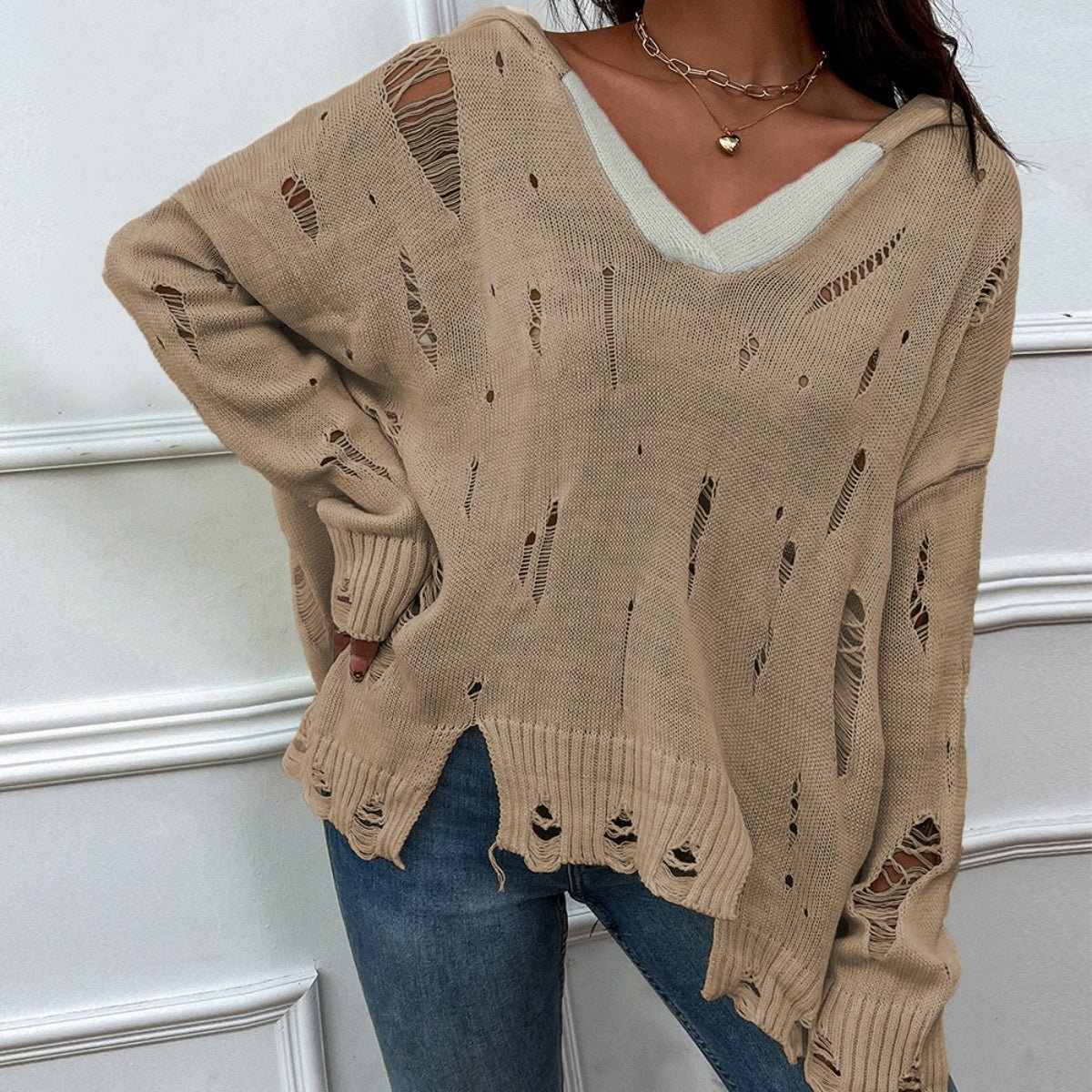 Distressed Slit Drop Shoulder Hooded Sweater - Admiresty