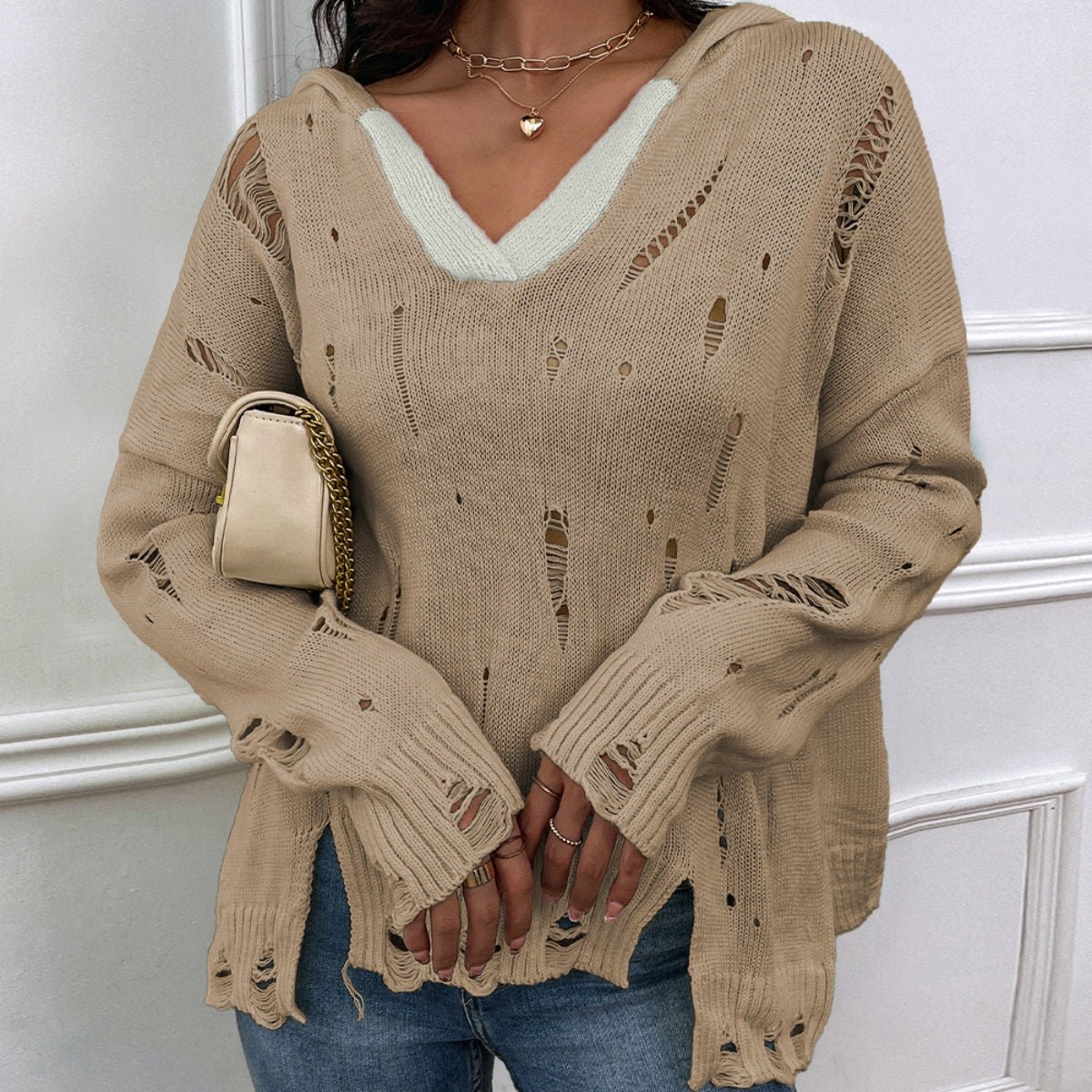 Distressed Slit Drop Shoulder Hooded Sweater - Admiresty