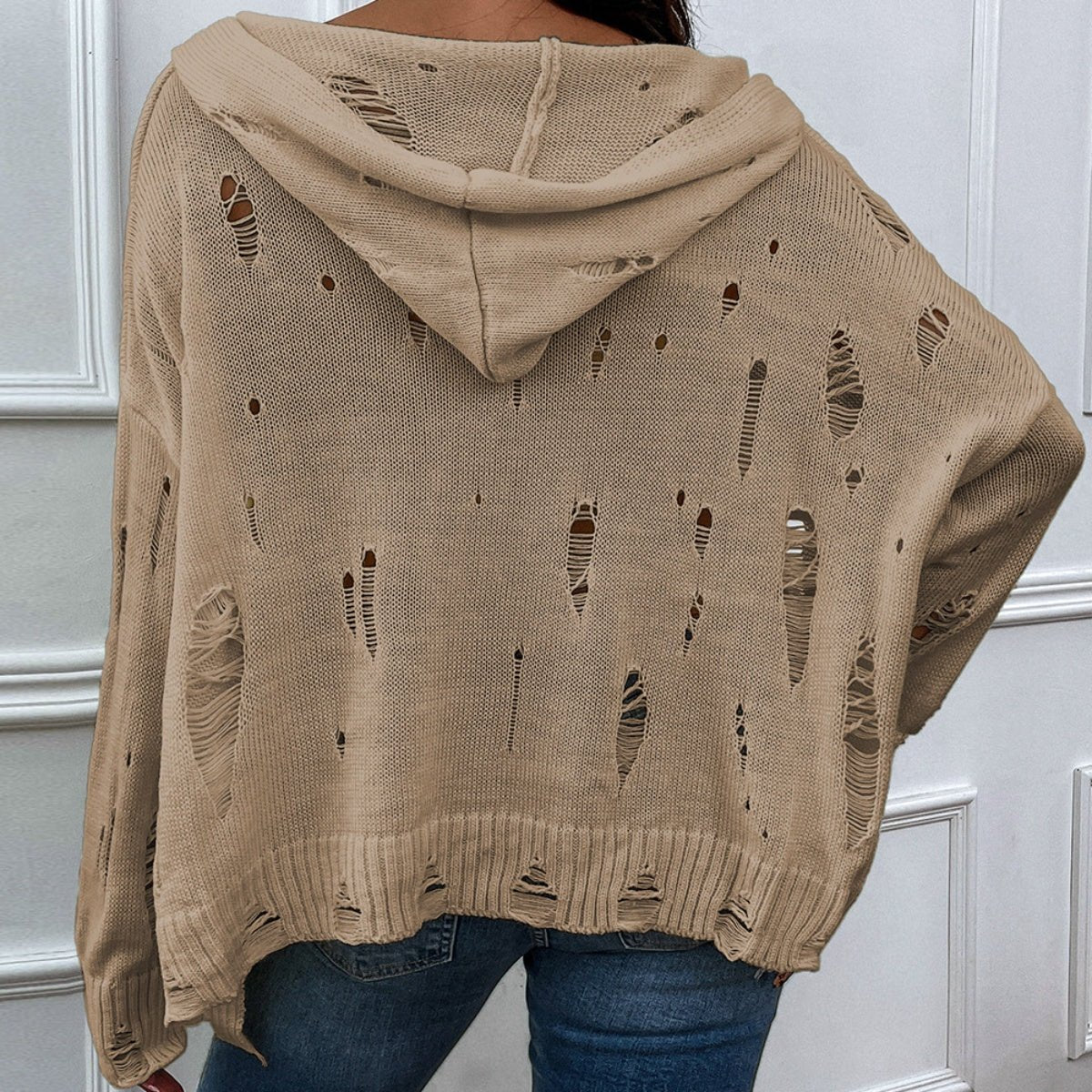 Distressed Slit Drop Shoulder Hooded Sweater - Admiresty