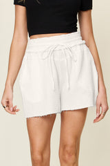 Double Take Full Size Texture Raw Trim Drawstring Shorts - Admiresty