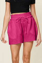 Double Take Full Size Texture Raw Trim Drawstring Shorts - Admiresty