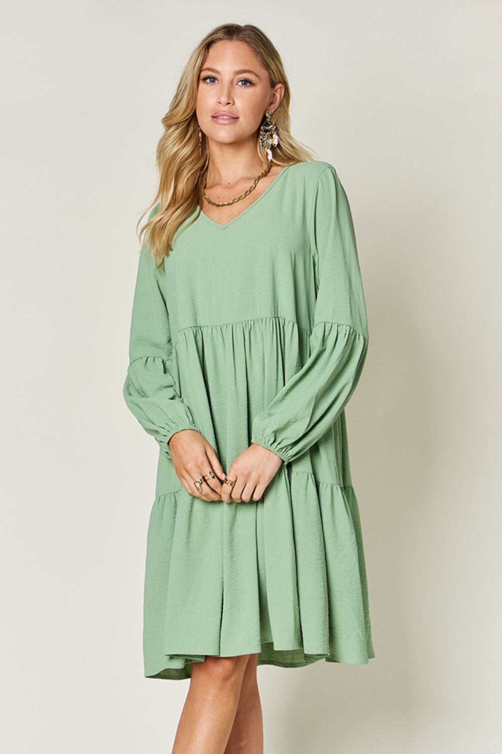 Double Take Full Size V - Neck Balloon Sleeve Tiered Dress with Pockets - Admiresty