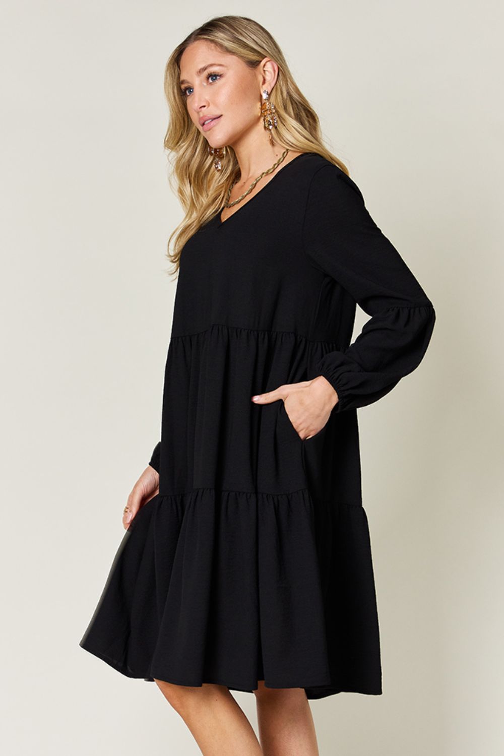 Double Take Full Size V - Neck Balloon Sleeve Tiered Dress with Pockets - Admiresty