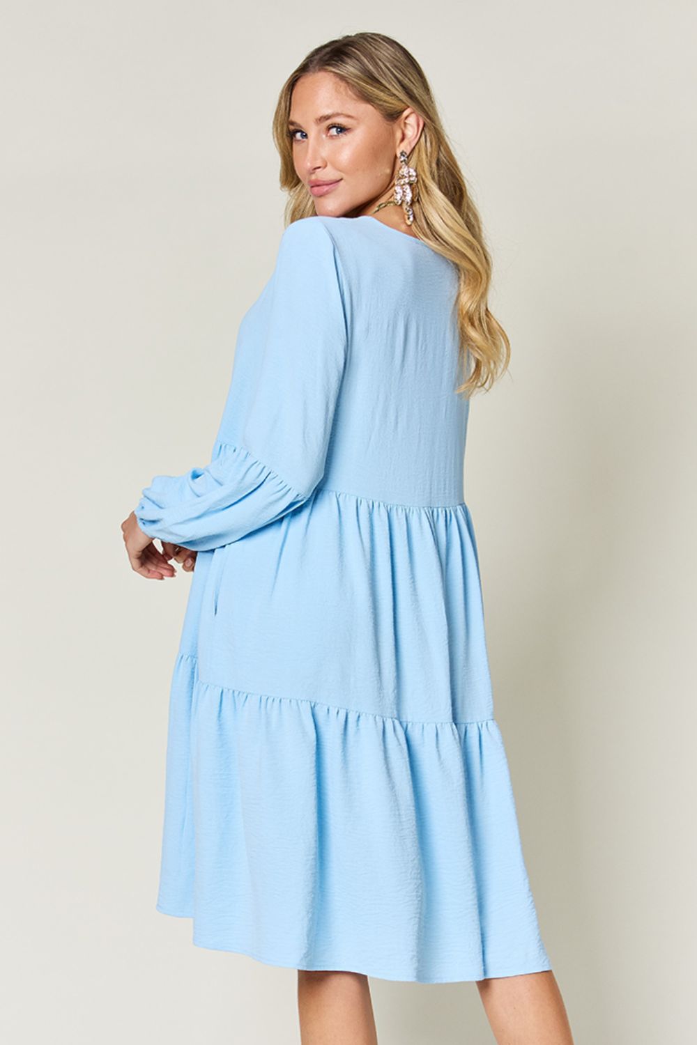 Double Take Full Size V - Neck Balloon Sleeve Tiered Dress with Pockets - Admiresty