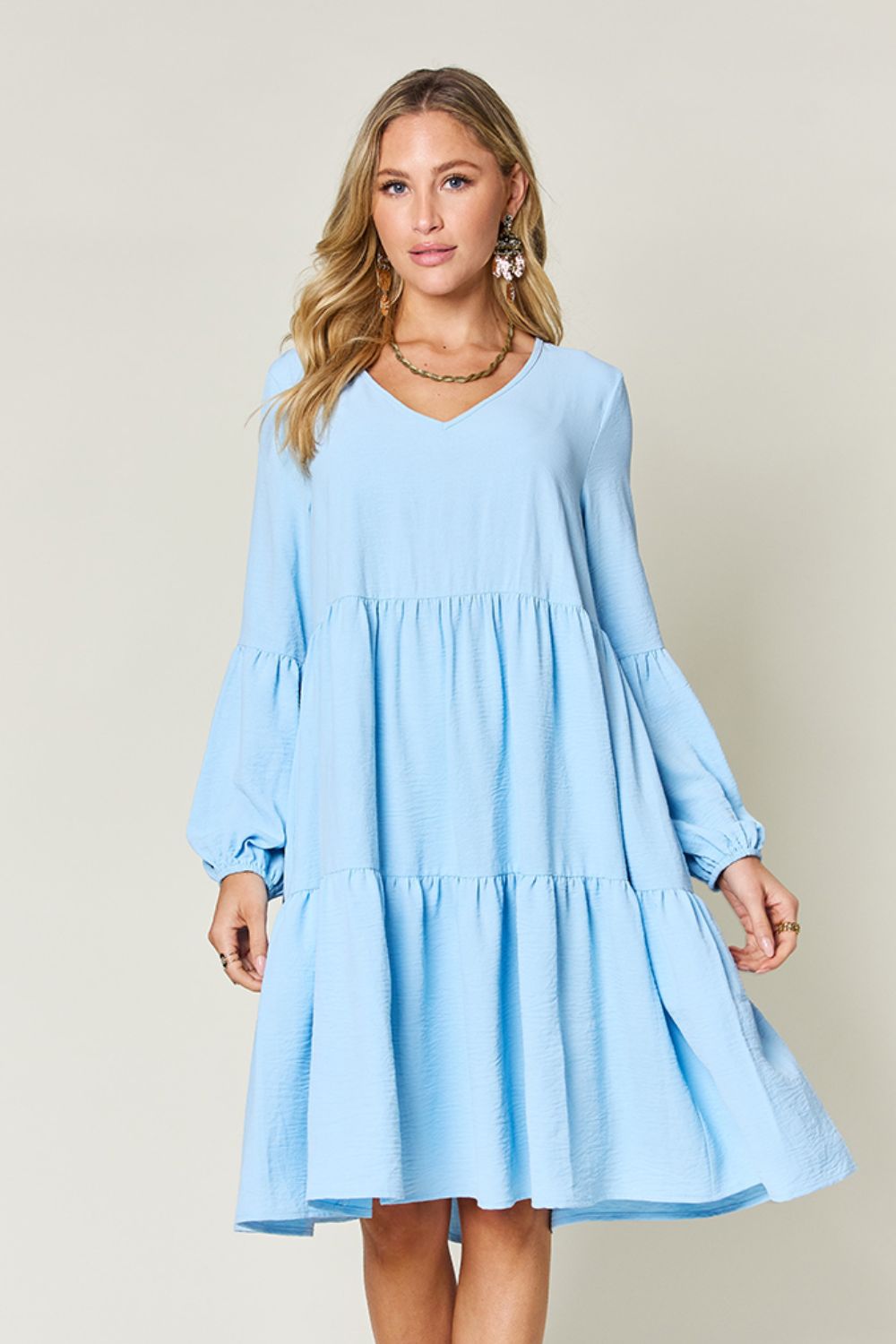 Double Take Full Size V - Neck Balloon Sleeve Tiered Dress with Pockets - Admiresty