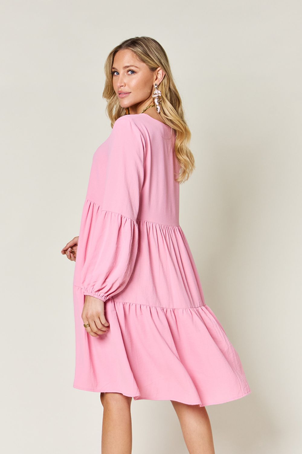 Double Take Full Size V - Neck Balloon Sleeve Tiered Dress with Pockets - Admiresty