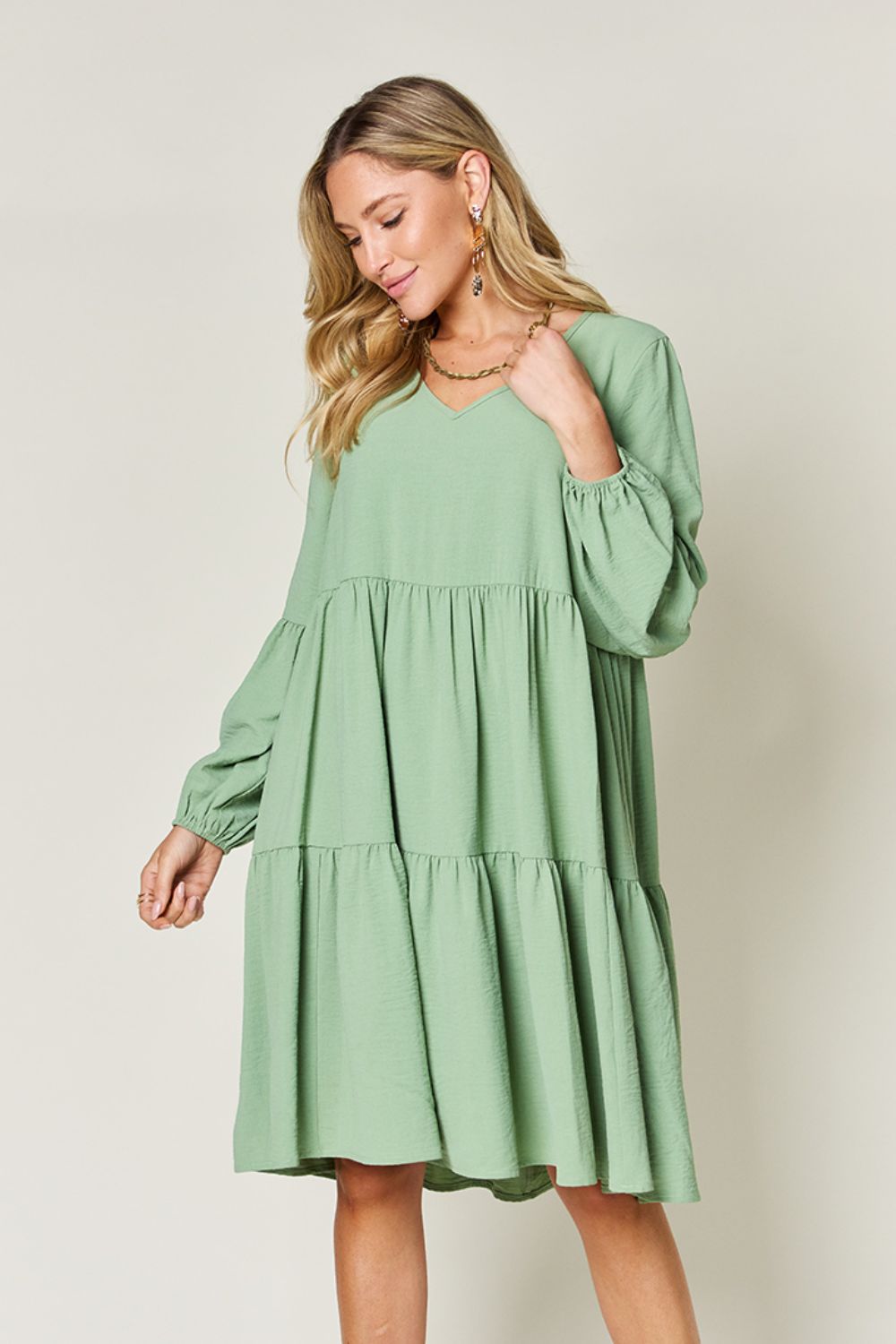 Double Take Full Size V - Neck Balloon Sleeve Tiered Dress with Pockets - Admiresty