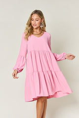 Double Take Full Size V - Neck Balloon Sleeve Tiered Dress with Pockets - Admiresty