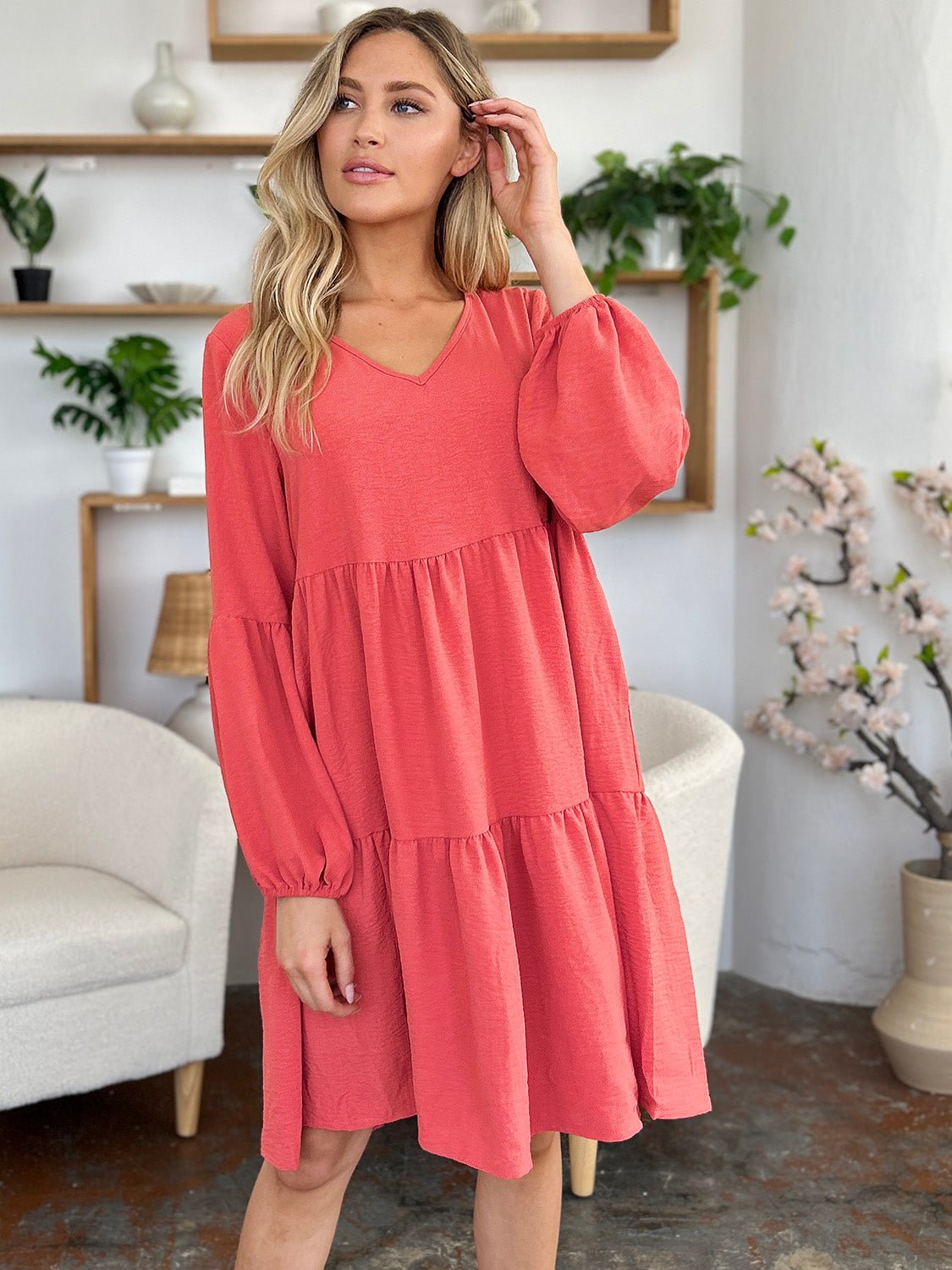 Double Take Full Size V - Neck Balloon Sleeve Tiered Dress with Pockets - Admiresty