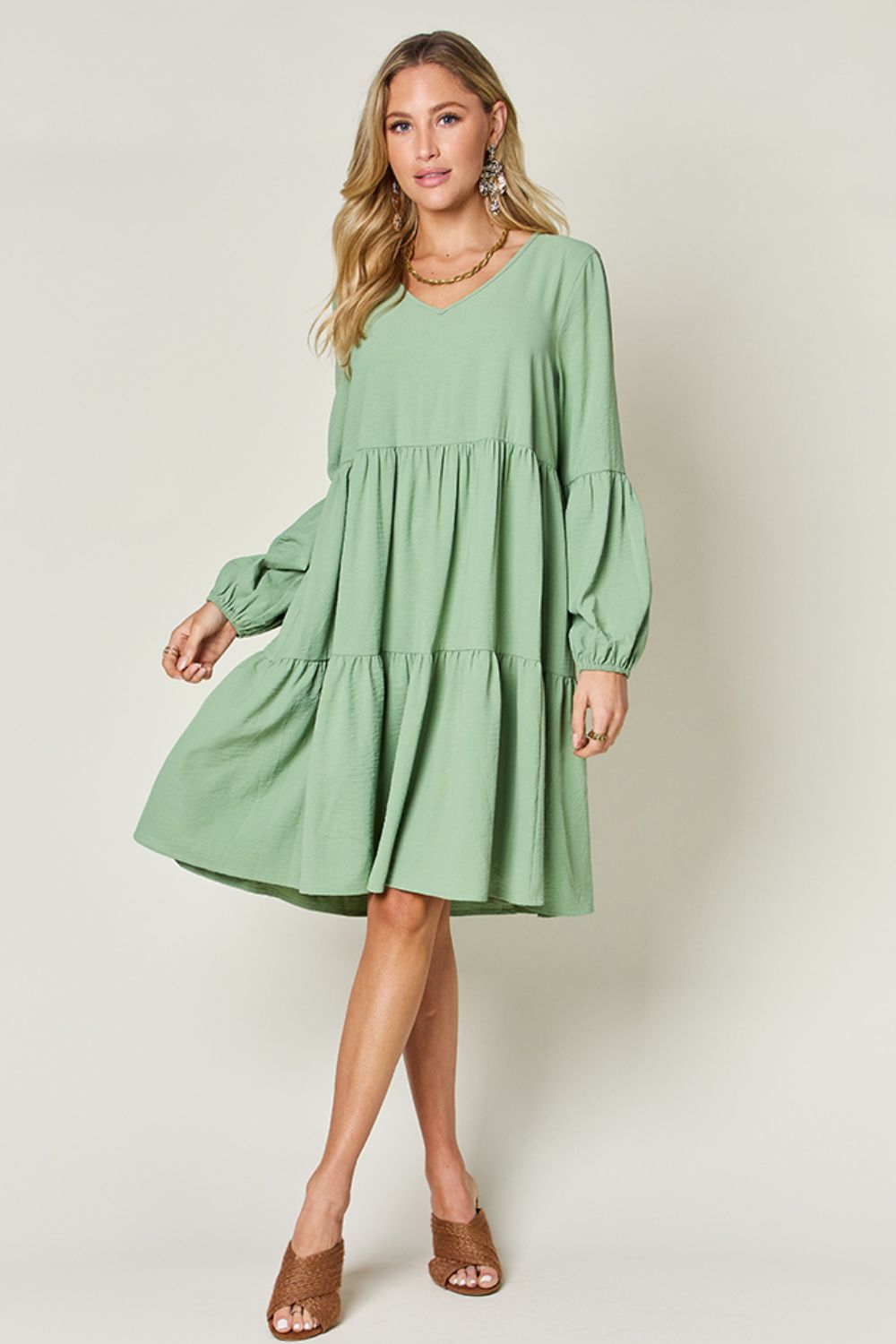 Double Take Full Size V - Neck Balloon Sleeve Tiered Dress with Pockets - Admiresty