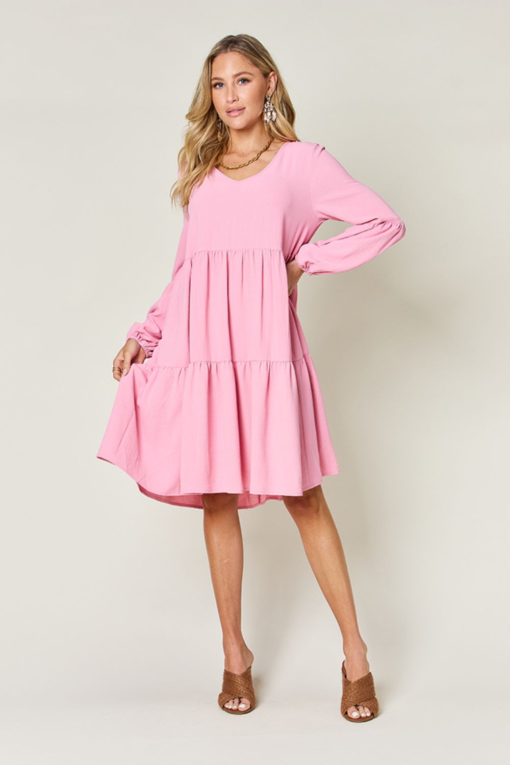 Double Take Full Size V - Neck Balloon Sleeve Tiered Dress with Pockets - Admiresty