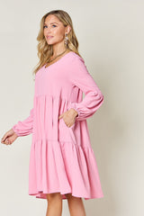 Double Take Full Size V - Neck Balloon Sleeve Tiered Dress with Pockets - Admiresty