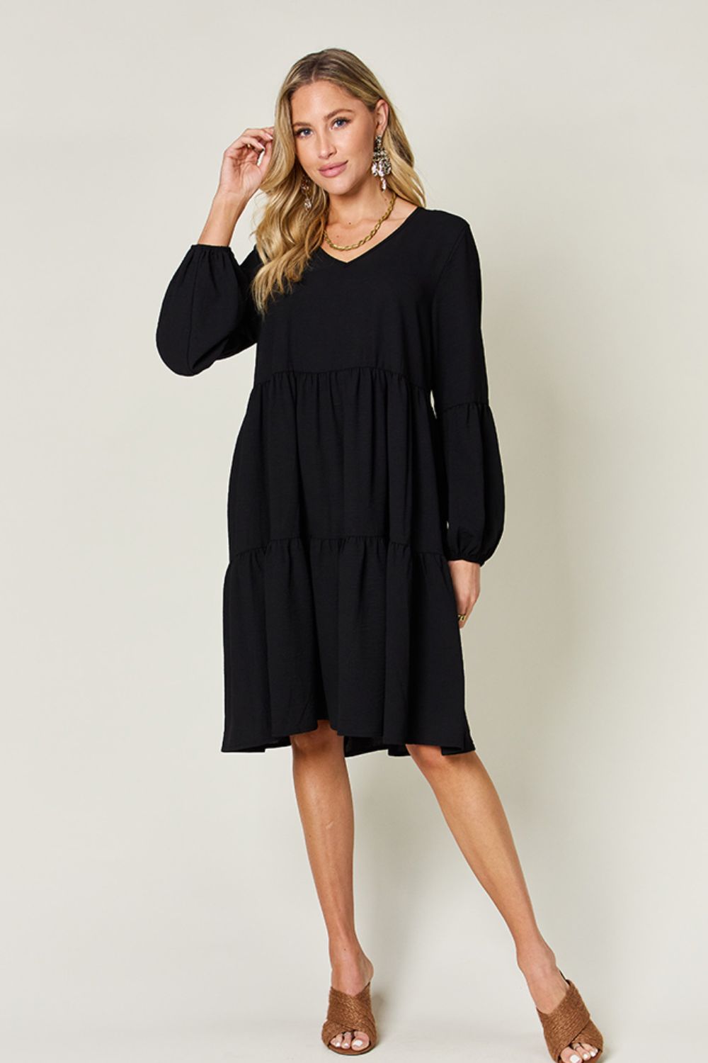 Double Take Full Size V - Neck Balloon Sleeve Tiered Dress with Pockets - Admiresty