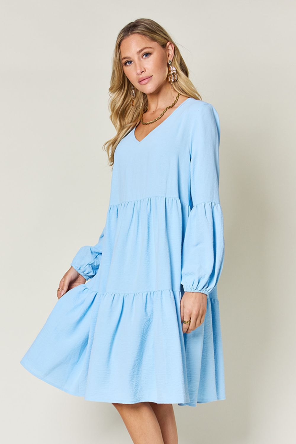 Double Take Full Size V - Neck Balloon Sleeve Tiered Dress with Pockets - Admiresty